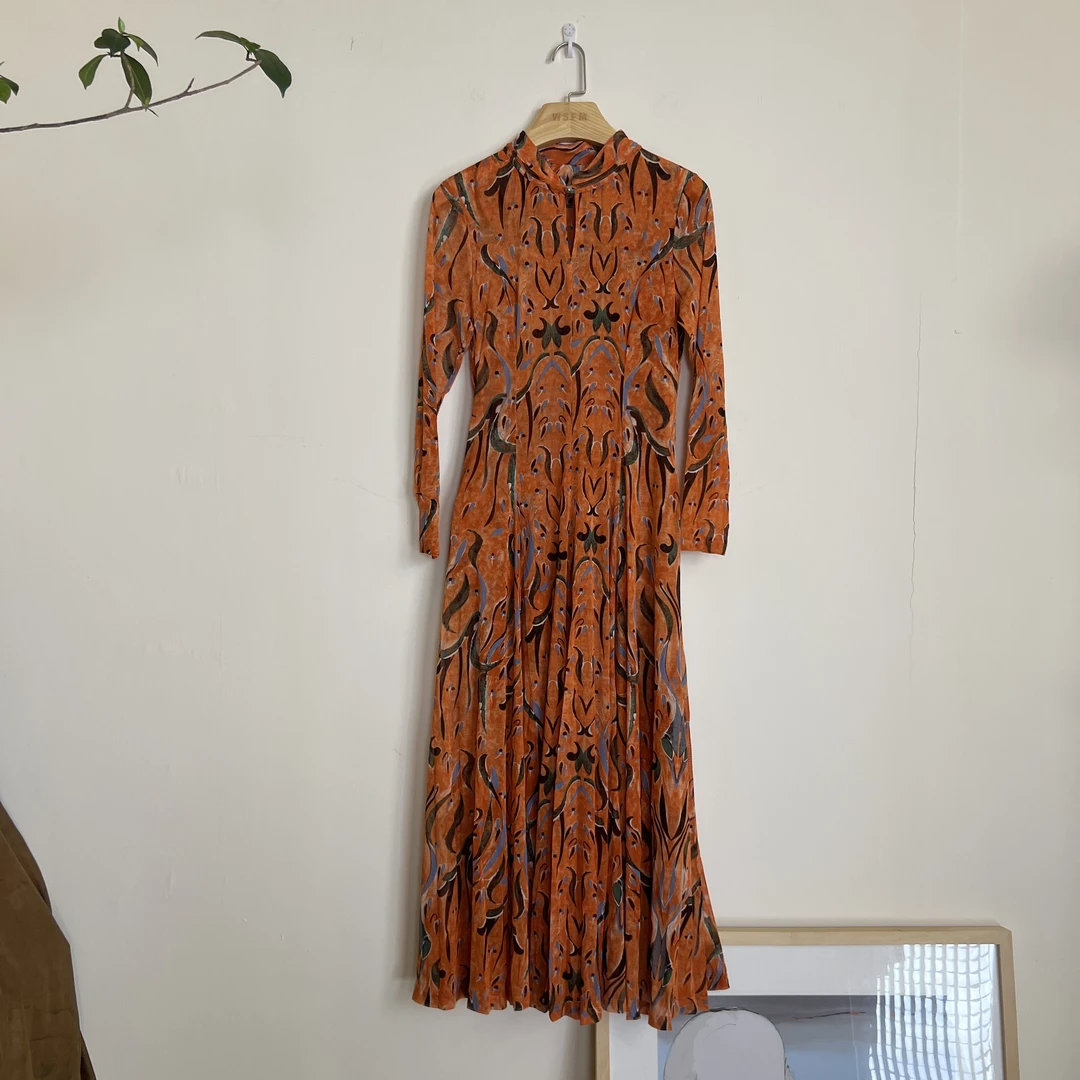 WSFM秋季新款修身收腰显瘦气质印花进口网纱长款连衣裙SJ24C9229