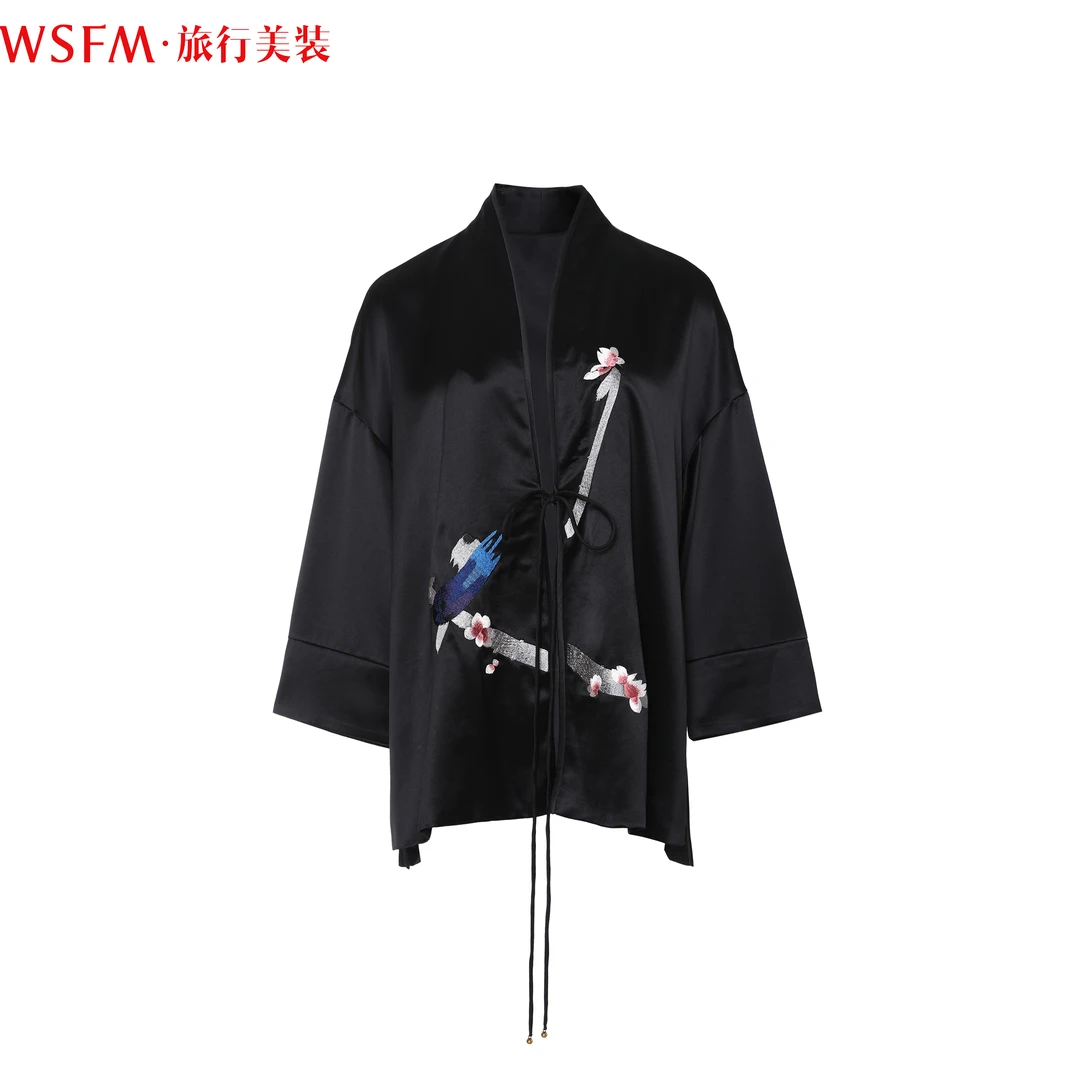 WSFM气质百搭秋季新款中式国风重工刺绣黑色醋酸女外套SJ24C2219