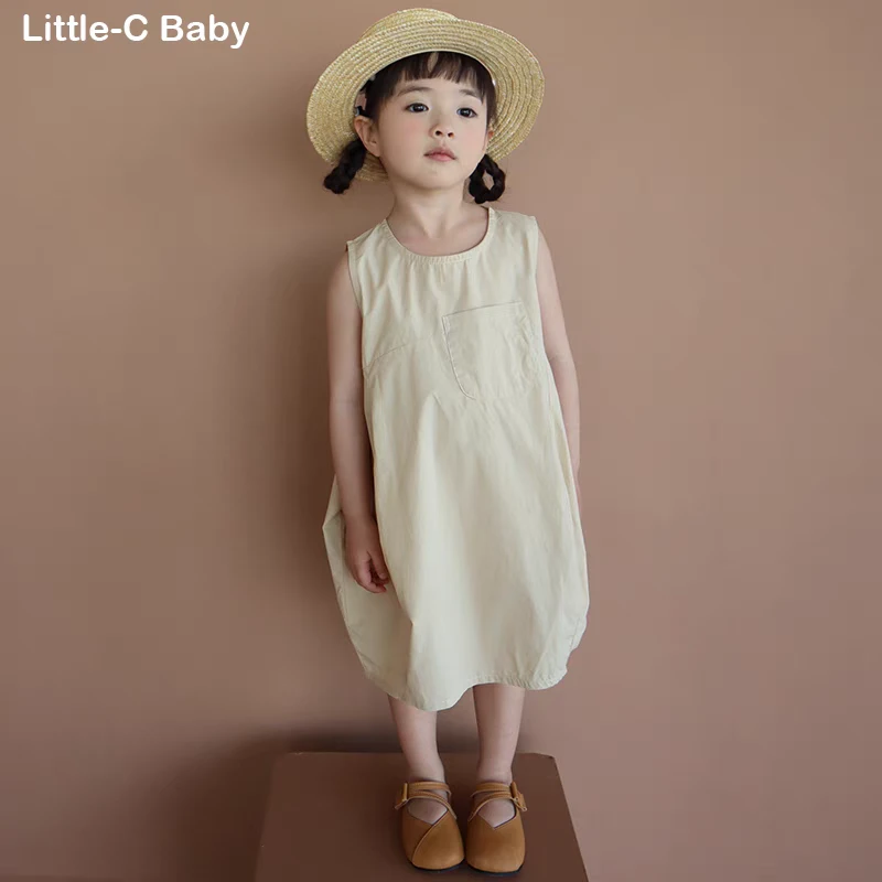 小众设计感！韩国女童2024春夏新款纯棉气质背心裙纯色茧型连衣裙