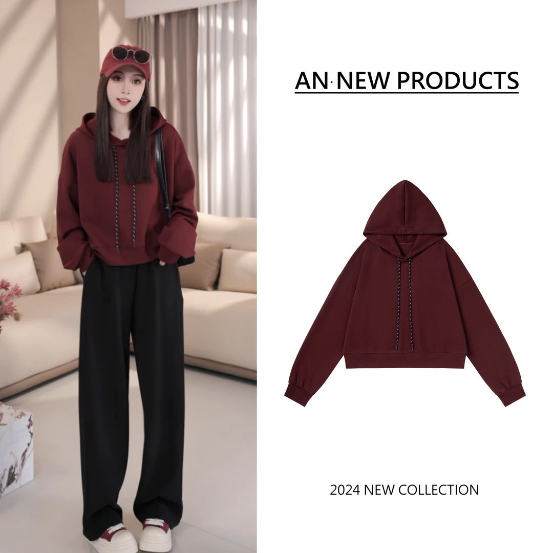 【甜酷暴击】B8178秋季新款时尚设计感拼色帽绳通勤休闲连帽卫衣