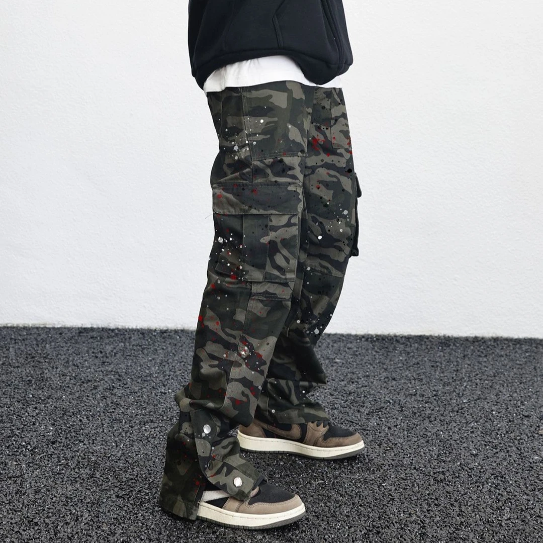 KONT做旧泼墨迷彩裤工装牛仔男女复古街头美式宽松直筒阔腿喇叭裤