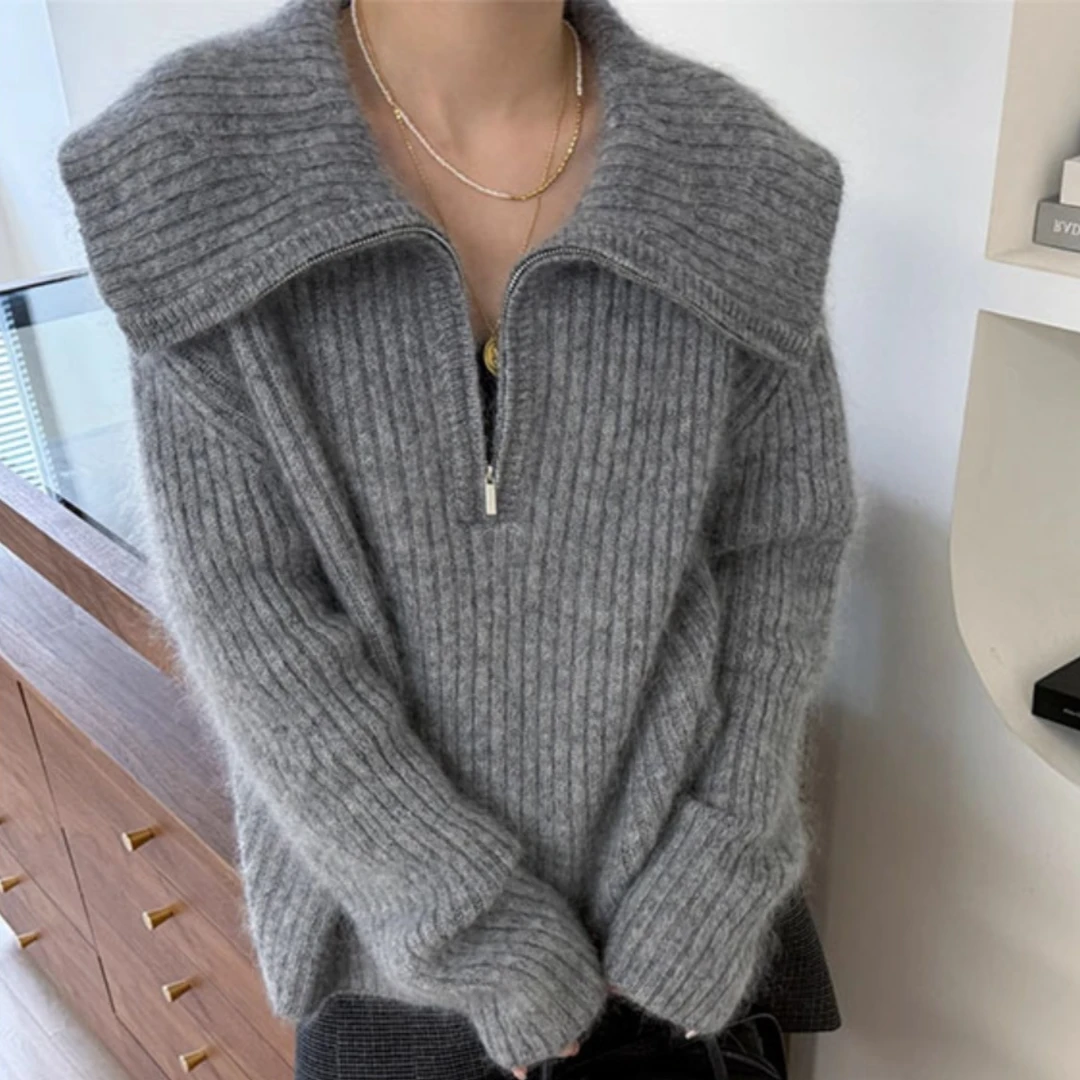 韩系拉链大翻领加厚冬季毛衣女百搭宽松慵懒风显瘦针织衫软糯上衣