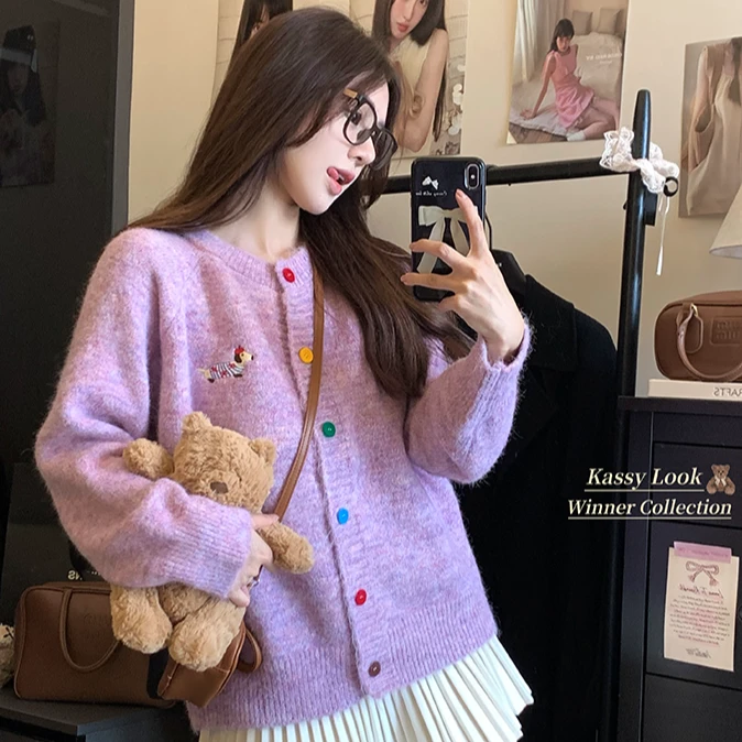 腊肠狗刺绣 彩色扣设计感 软糯毛衣女外套秋冬季圆领宽松针织开衫