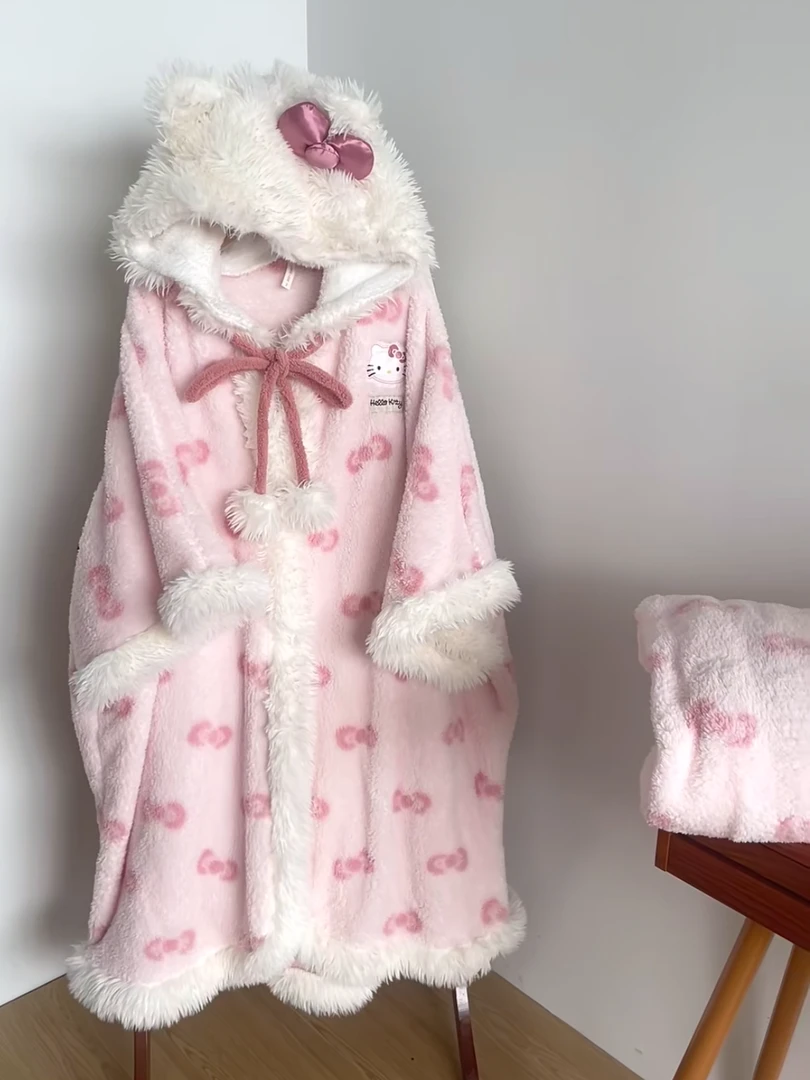 2024甜美少女冬季加绒加厚睡衣毛绒连帽女士家居服套装可外穿睡袍