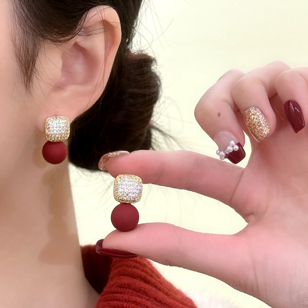 铜合金耳饰 法式复古红色轻奢方形耳钉小众设计感百搭耳饰#189