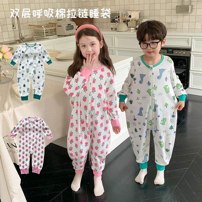 儿童秋冬季双层呼吸棉睡衣宝宝分腿睡袋纯棉睡衣连体护肚保暖长袖