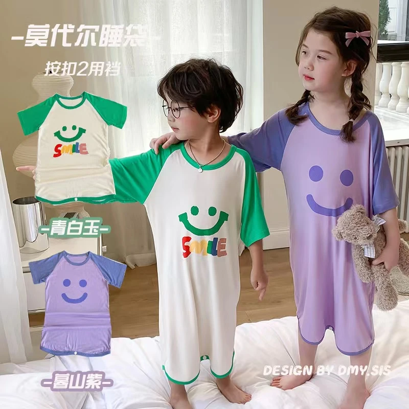 儿童睡衣夏季连体卡通薄款莫代尔家居服男女宝通用吸汗纤维中大童