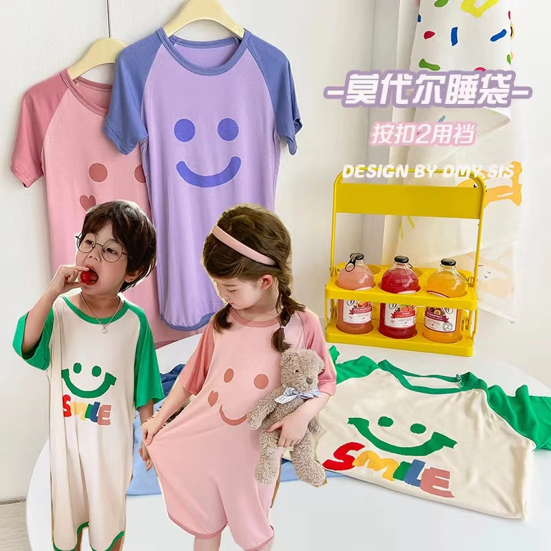 儿童睡衣长短连体薄款莫代尔家居服男女宝睡裙防踢被长袖卡通夏季