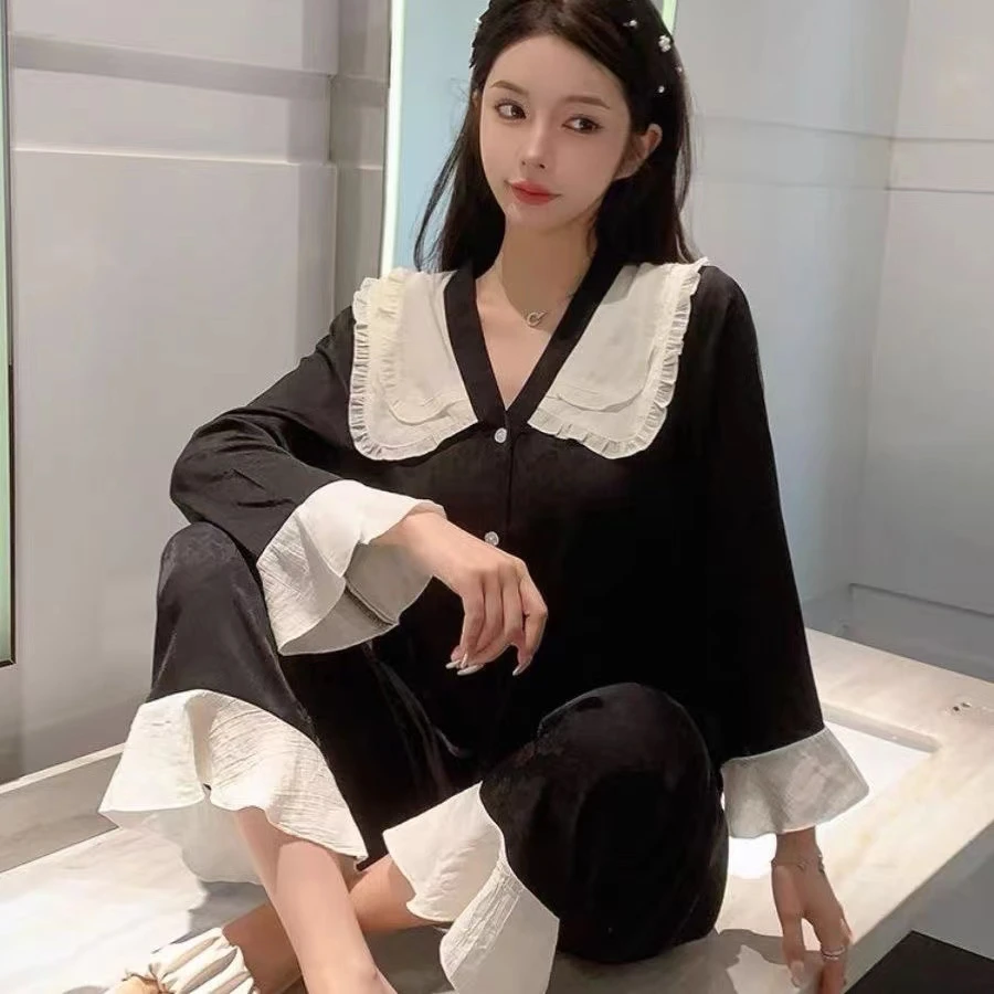 韩版春夏新款娃娃领简约甜美网红宽松薄款长袖设计师款套装