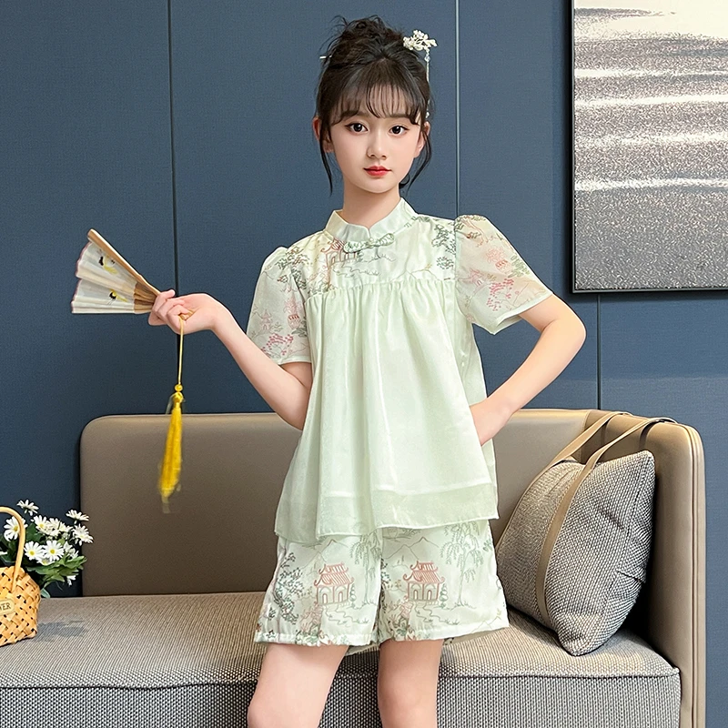 女童夏季套装汉服儿童唐装洋气衣服中大童新中式国风休闲时尚夏装