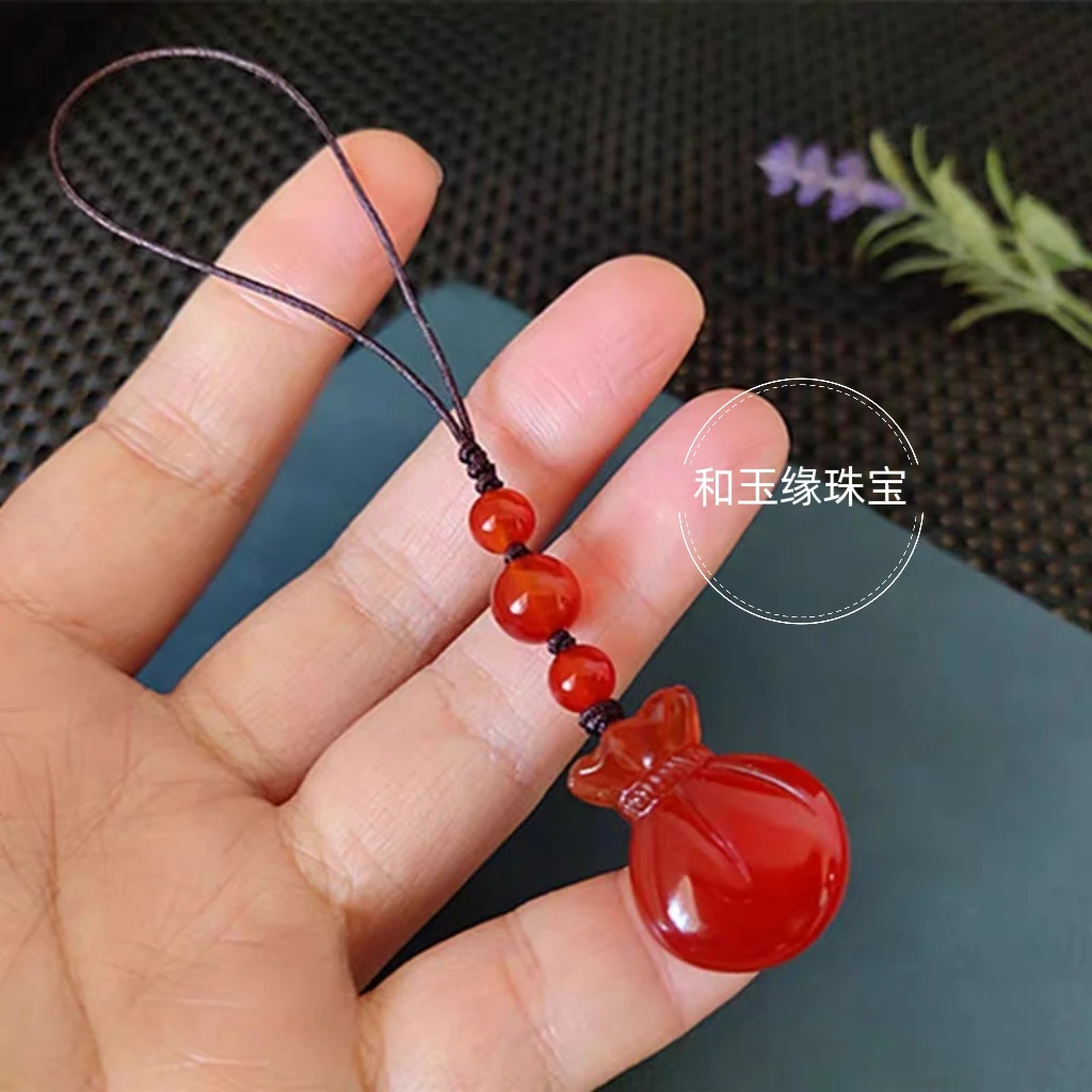 天然红玛瑙福袋吊坠女招财纳福红玉髓小钱袋本命年平安简约手机链