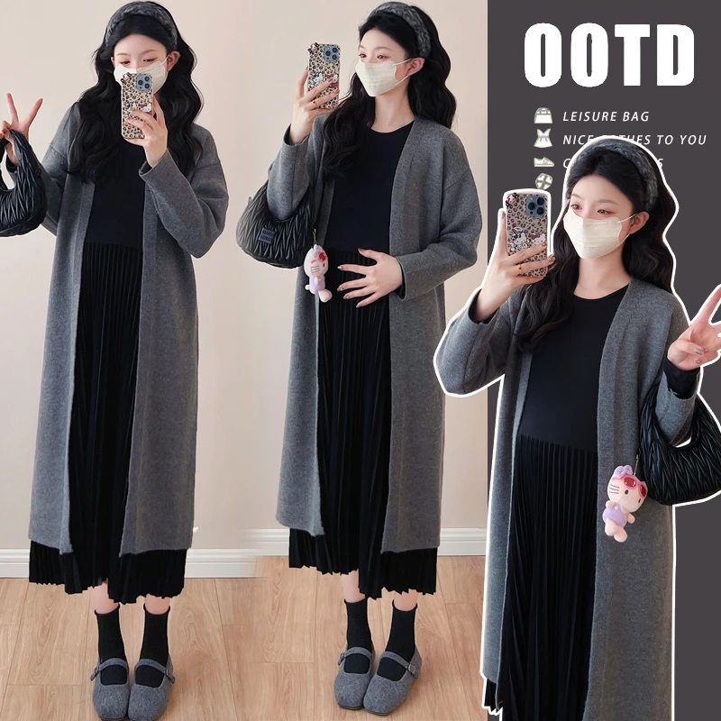 韩版宽松软糯针织时尚大衣+百搭打底长袖A字百褶孕妇哺乳连衣裙
