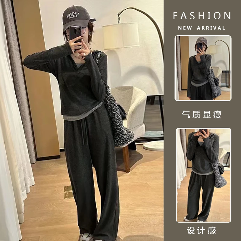 时尚V领气质显瘦时尚假两件简约孕妇哺乳上衣+休闲阔腿裤两件套