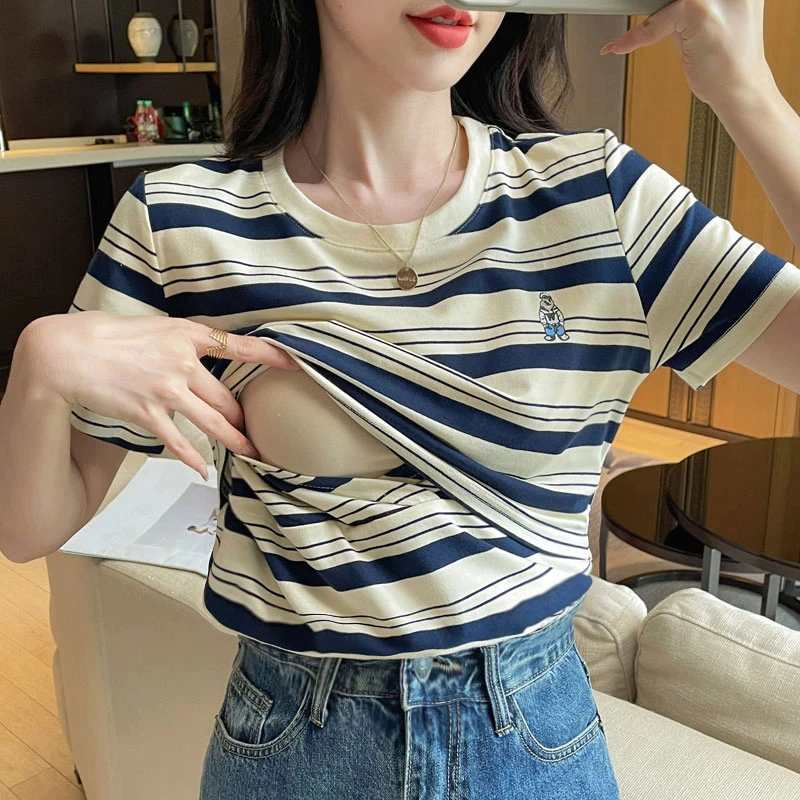 夏季棉质条纹产后时尚辣妈亲肤显瘦百搭喂奶上衣月子服哺乳T袖