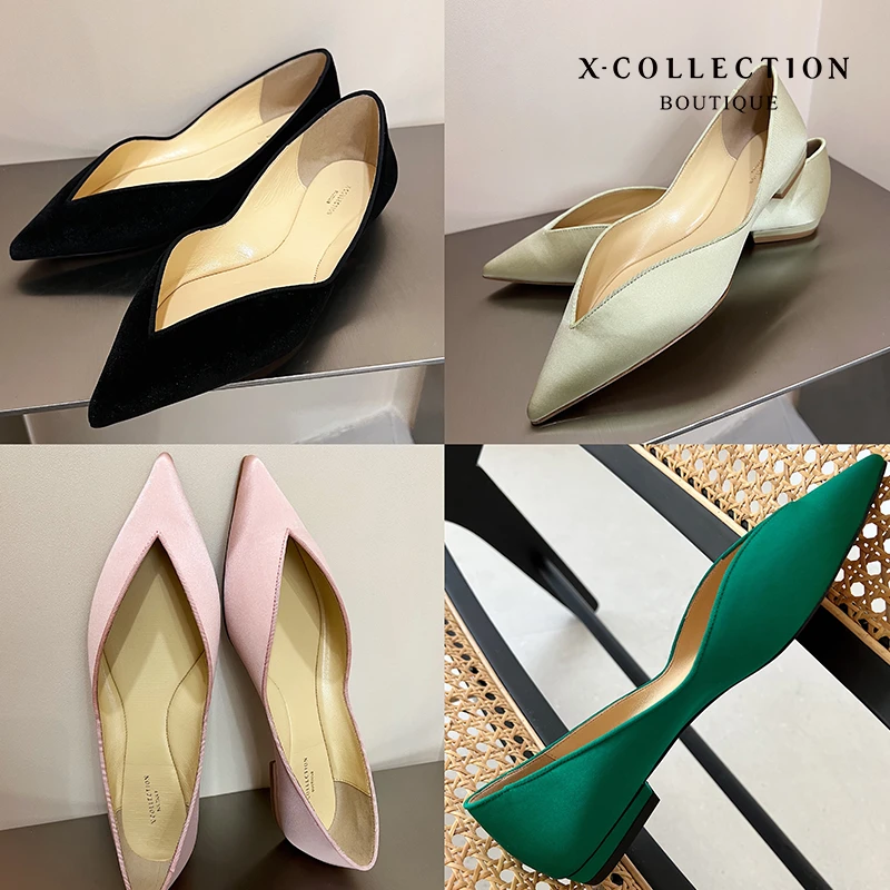 Xcollection boutique经典新色经典尖头法式V口平跟单鞋舒适