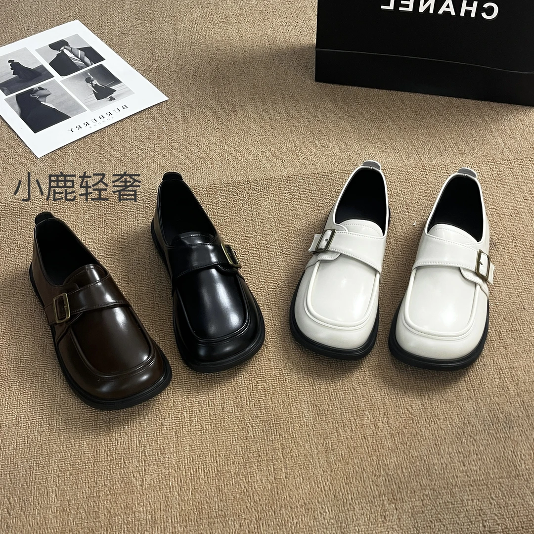 英伦风百搭黑色小皮鞋女2024春秋新款厚底乐福鞋软底方头低跟