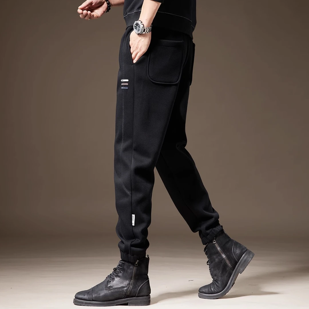 高端美式重磅运动卫裤男秋冬款加绒加厚束脚黑色宽松大码休闲裤子