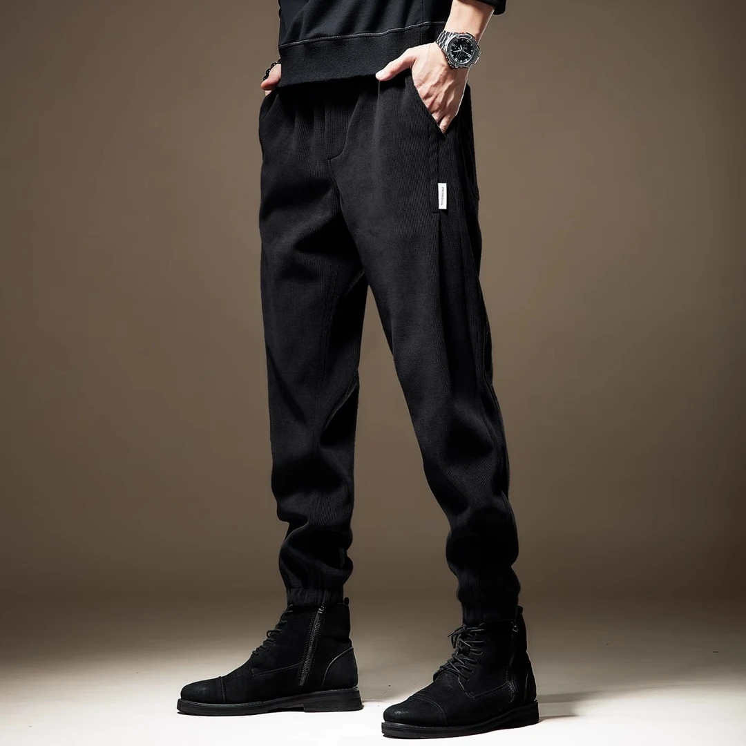 美式柔感雪尼尔黑色休闲裤男秋冬季新款加绒宽松大码运动束脚卫裤