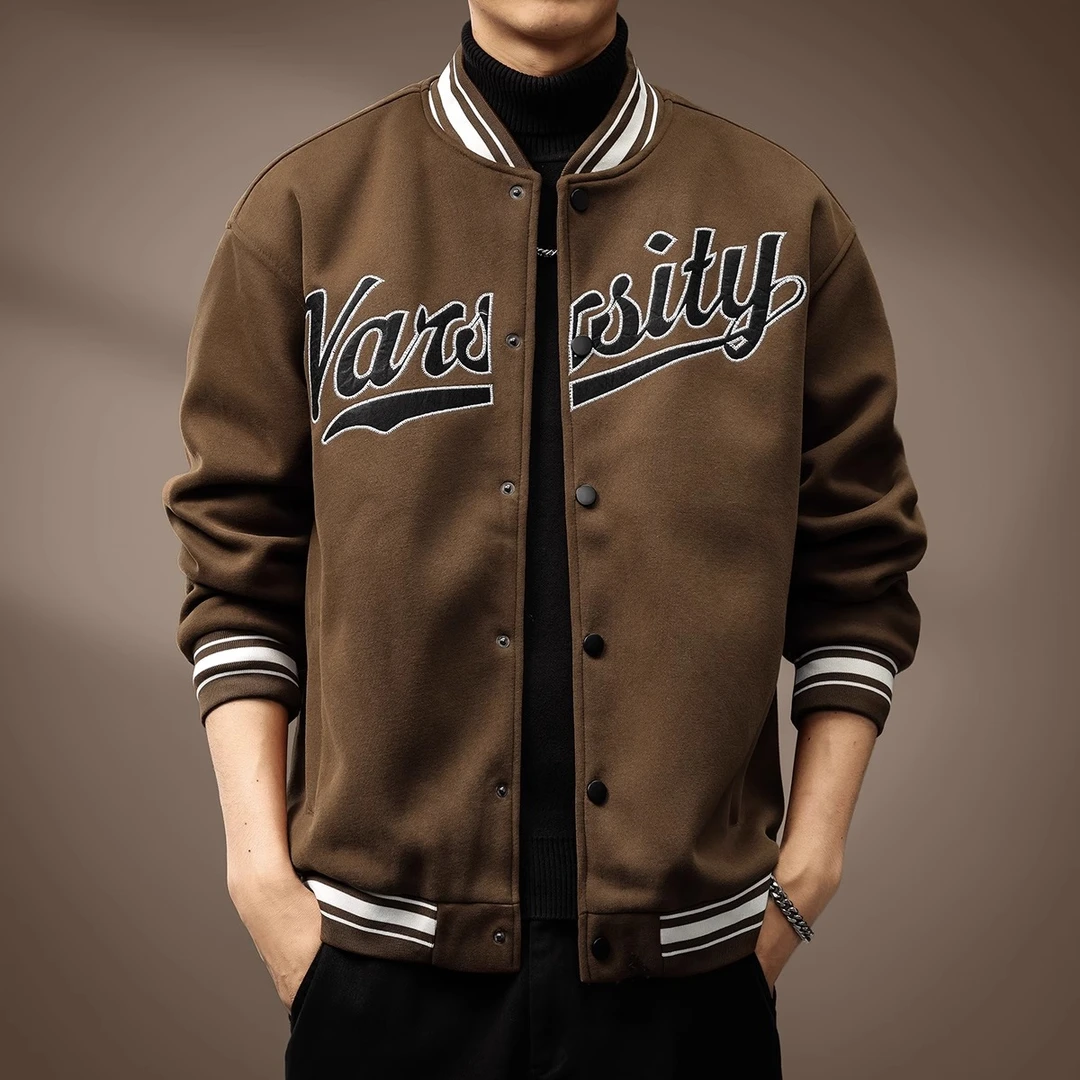 高端美式复古字母刺绣棒球服男秋冬新款运动宽松外套飞行员夹克男