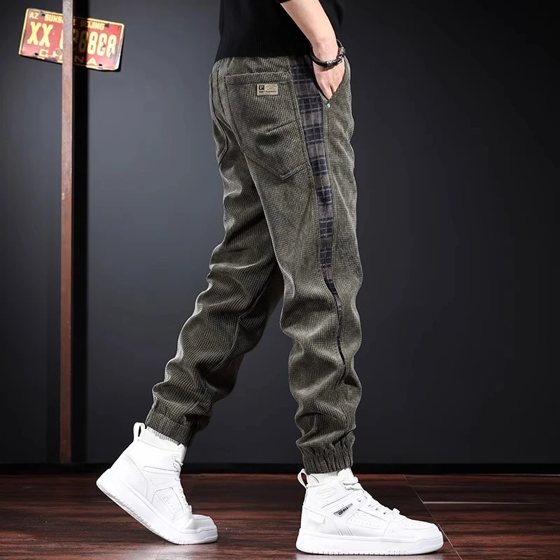 秋冬季潮牌休闲裤男士玉米格纹撞色束脚裤子高级感灯芯绒裤子加绒