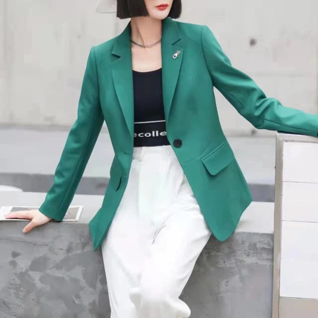 春秋款绿色西装外套高级感宽松气质英伦风休闲女士正装小西服F012