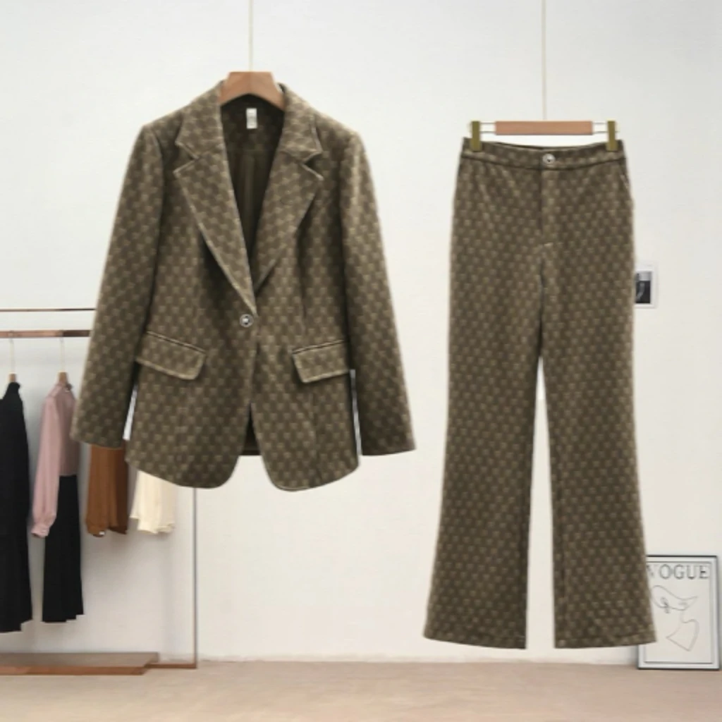 JIRUIMAN/吉瑞曼春秋印花一粒扣西装外套搭微喇裤气质两件套TK613