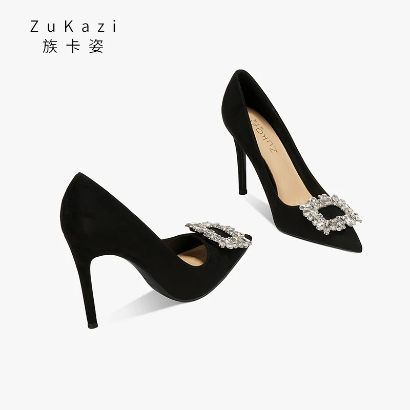 黑色高跟鞋女2025新款细跟10厘米水钻绒面浅口气质名媛尖头单鞋