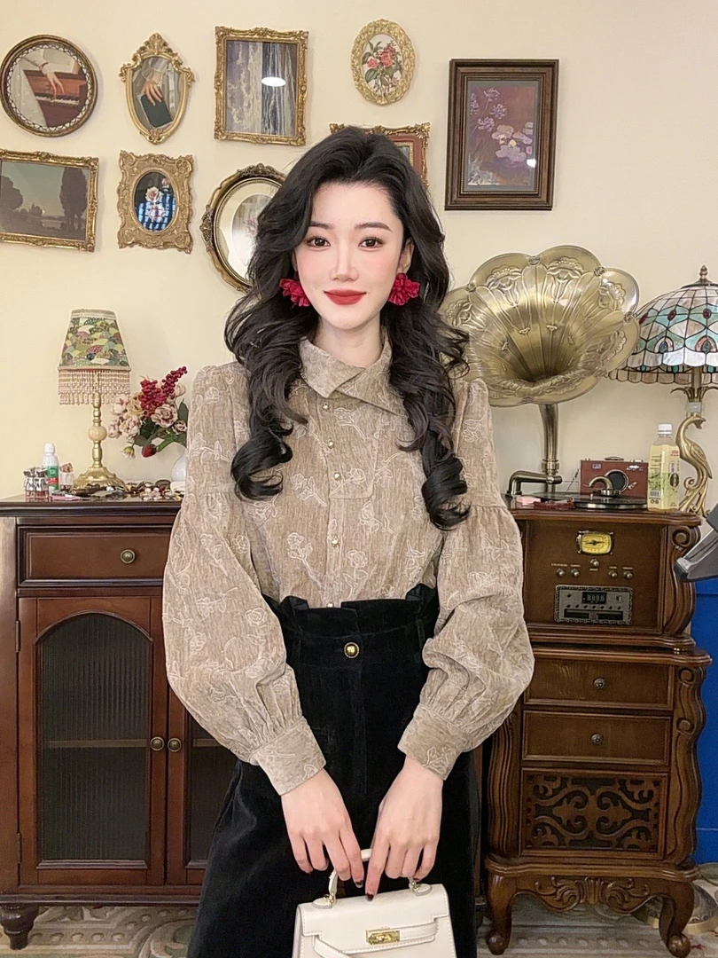 现货【港万】复古加厚别致压花斜襟不规则领通勤百搭衬衫Y4432