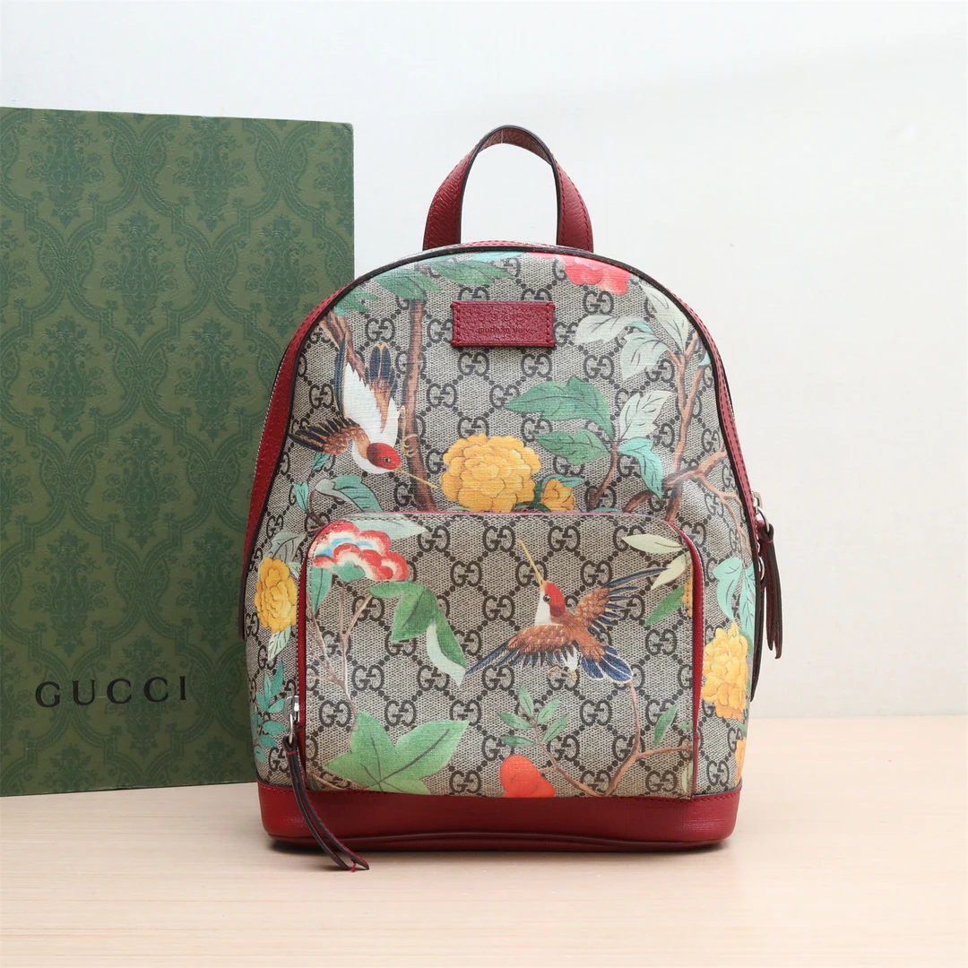 99新 GUCCI/古驰 GG 皮标 拉链双肩包 红色 PVC 老花 P234865236