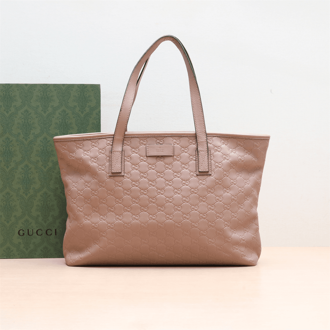 95新 GUCCI/古驰 全皮印花购物袋 奶茶色 单肩包 P214973792