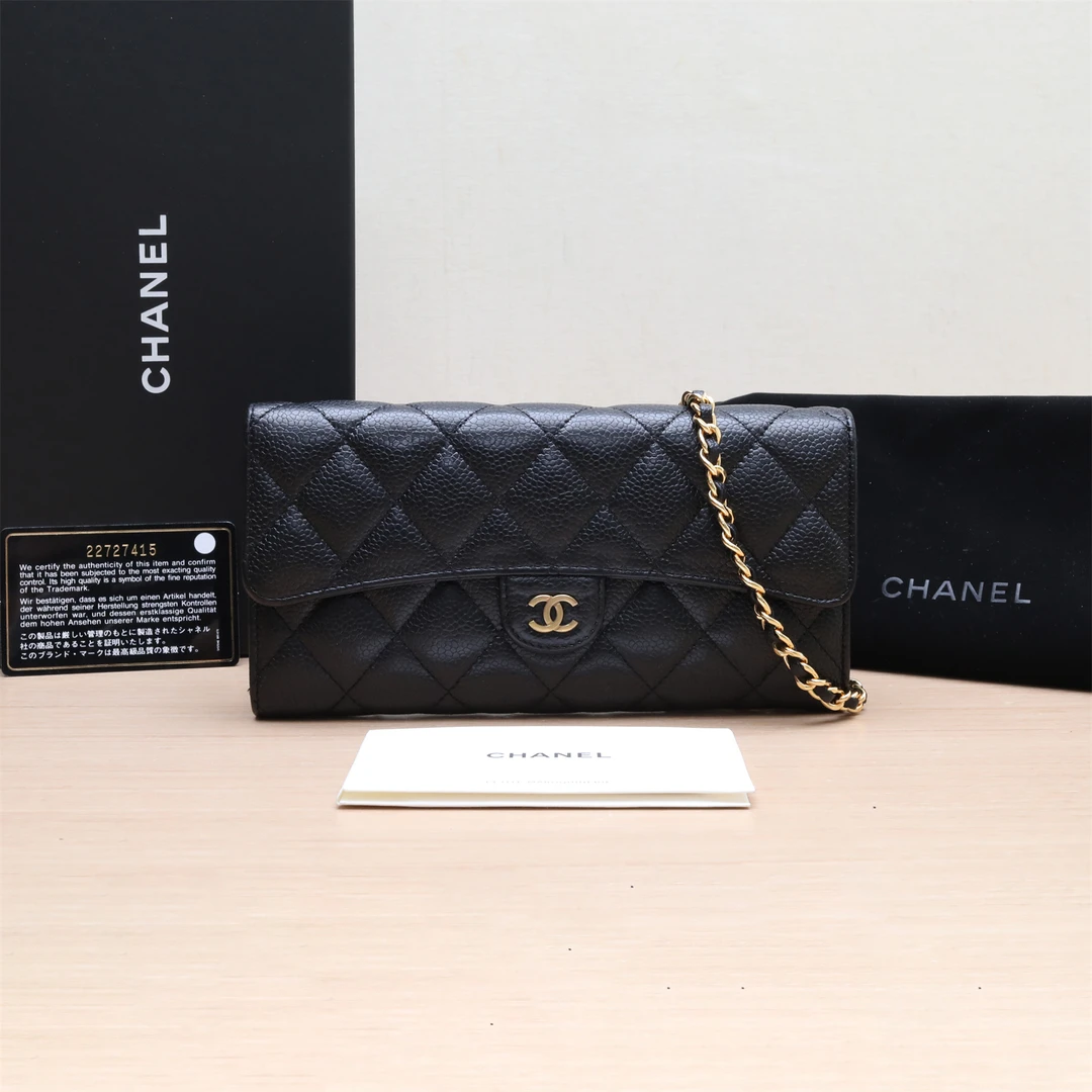 99新 Chanel/香奈儿 CF黑金荔枝牛皮翻盖钱包 22开 P214450285