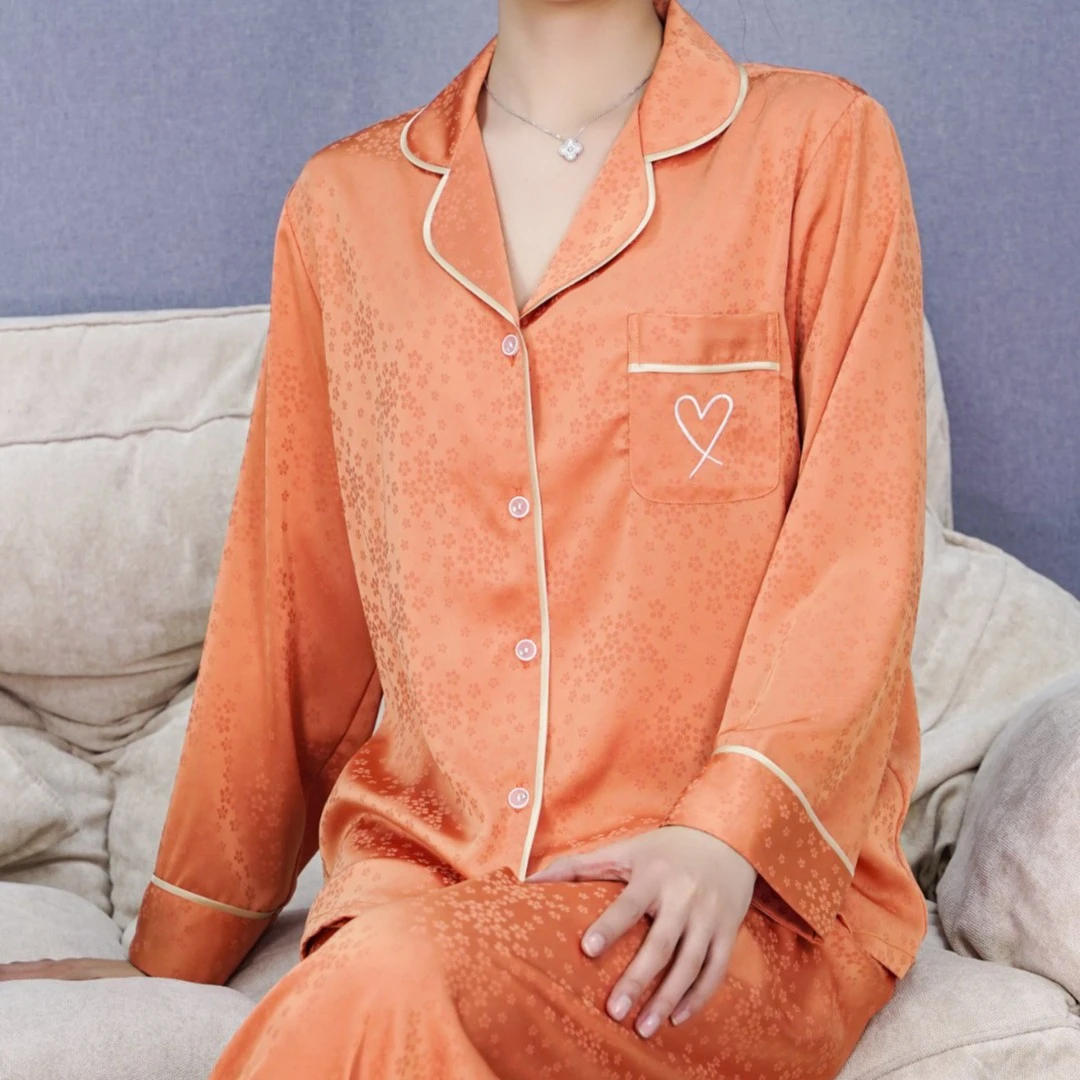 长袖女士休闲春秋季冰丝睡衣家居服套装纯色爱心提花橘色