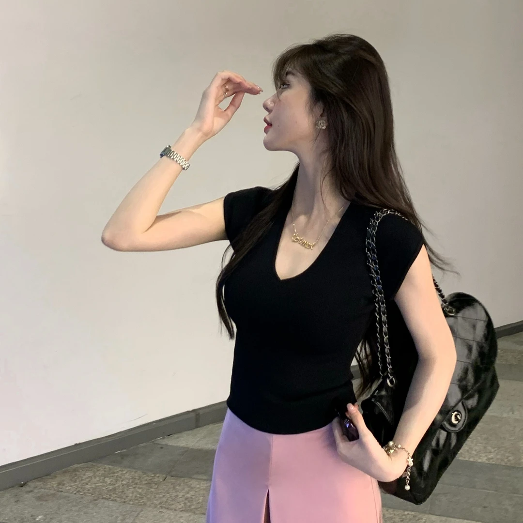 简约打底针织衫女夏季薄款2024年新款显瘦套头百搭v领针织上衣女
