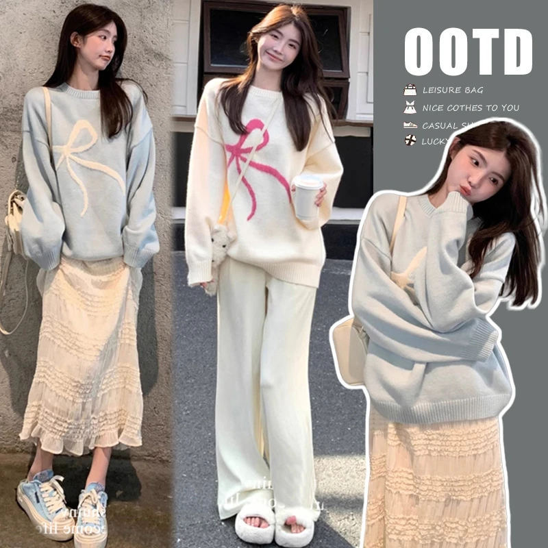 清！孕妇秋冬韩系软糯蝴蝶结圆领百搭宽松慵懒风针织衫毛衣上衣