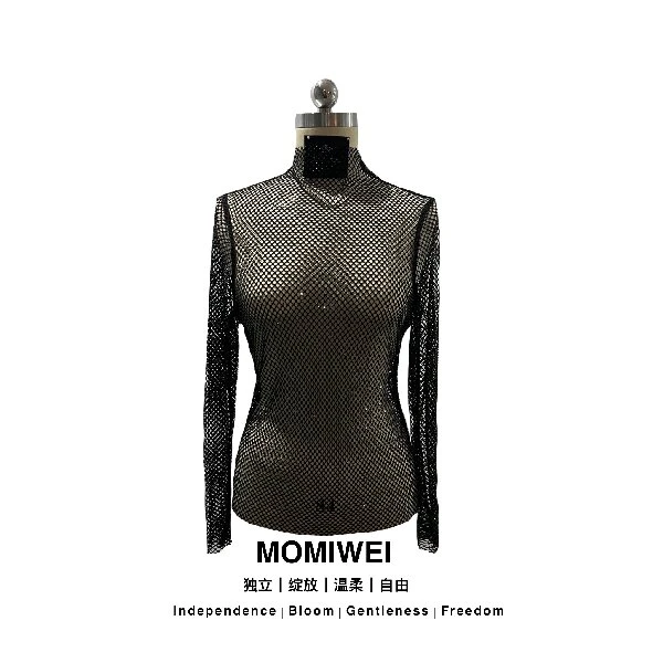 MOMIWEI设计师品牌重工烫钻镂空时尚网纱打底上衣M2021A012