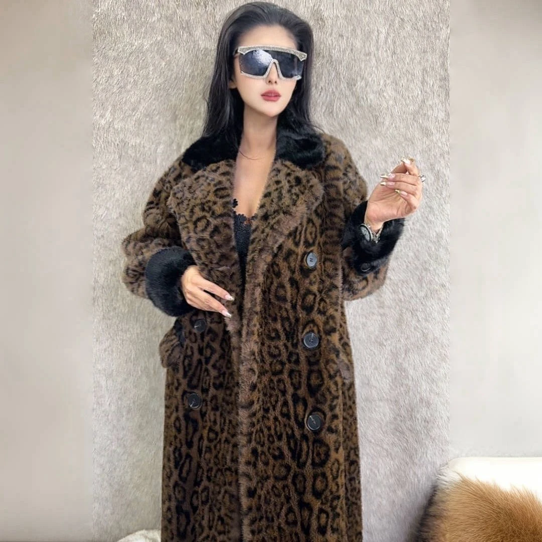 法式高奢秋冬设计师豹纹拼色西服领毛毛外套