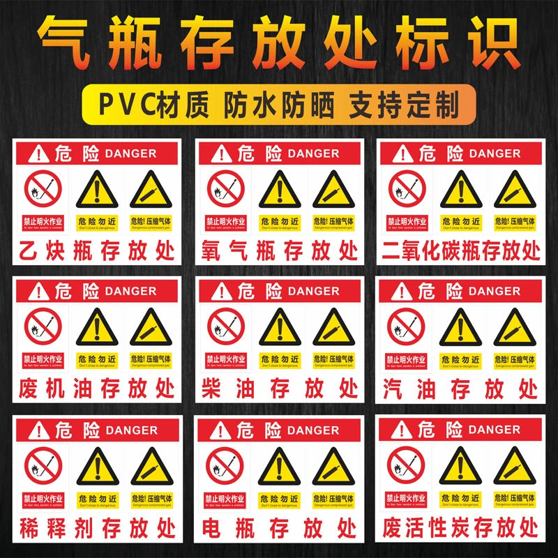 氧气瓶存放处标识牌乙炔二氧化碳废机油柴油危险安全警示标志牌