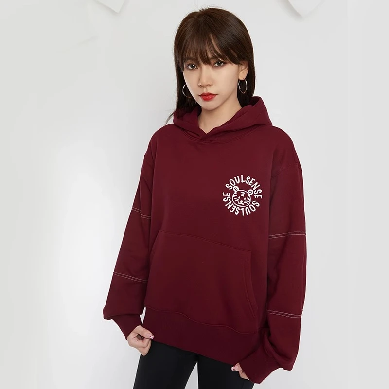 SoulSense国潮枣红色老虎标帽衫秋冬外套连帽加绒长袖连帽卫衣