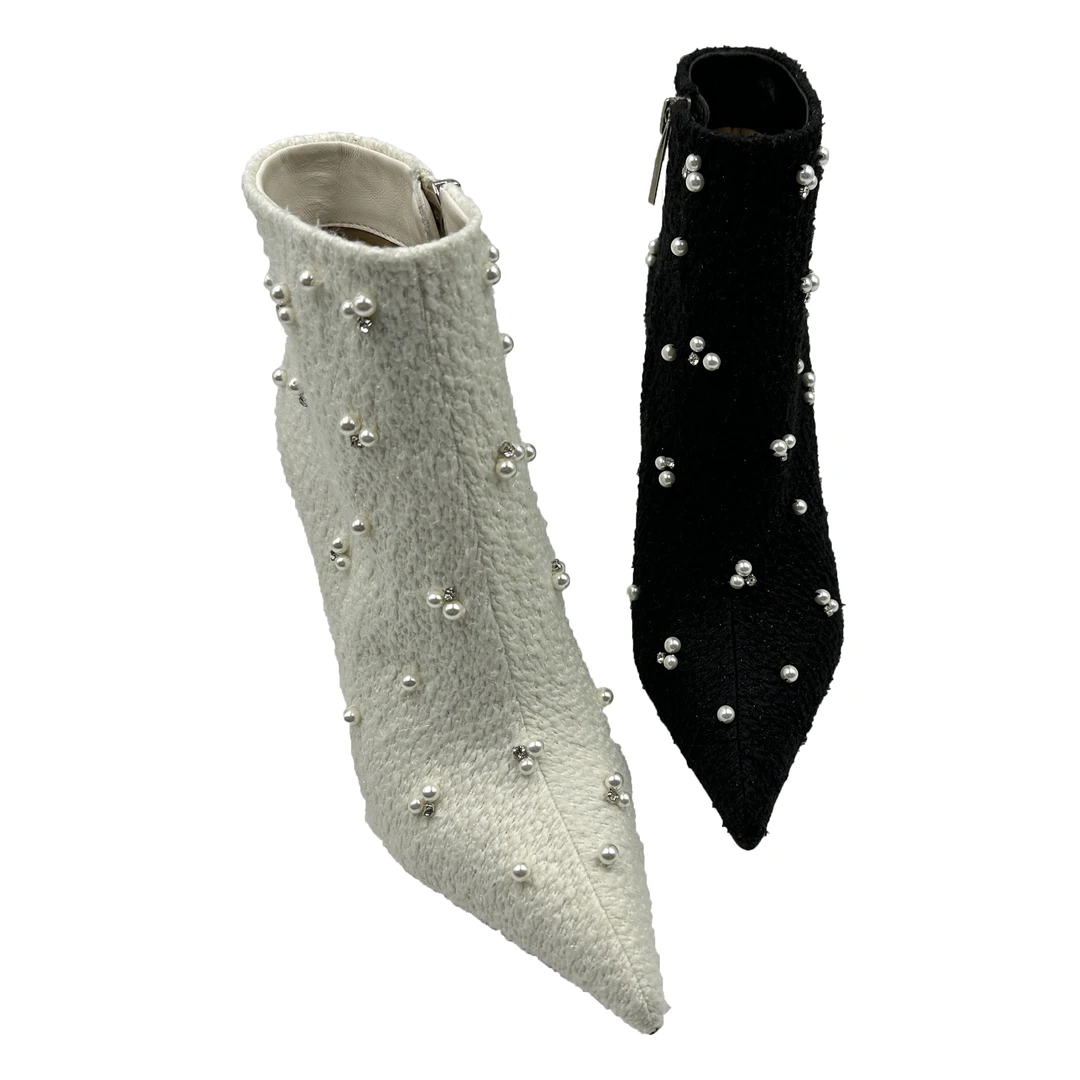 BOLVGN宝歌曼 时尚细跟 个性 珍珠 高跟 尖头 时装女靴 气质 针织