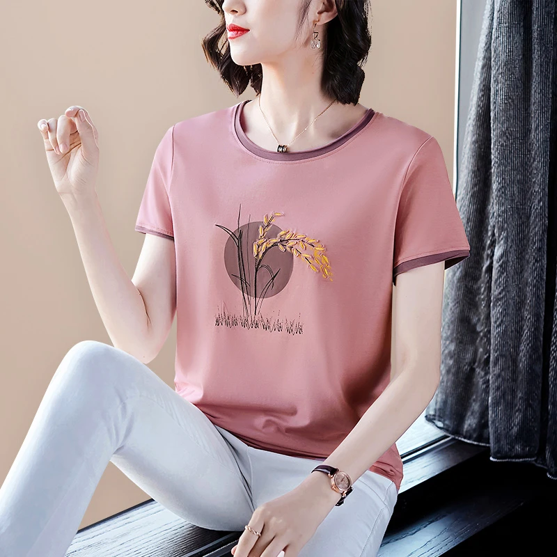 圆领短袖t恤女士夏季2024新款妈妈洋气夏装大码宽松刺绣运动上衣
