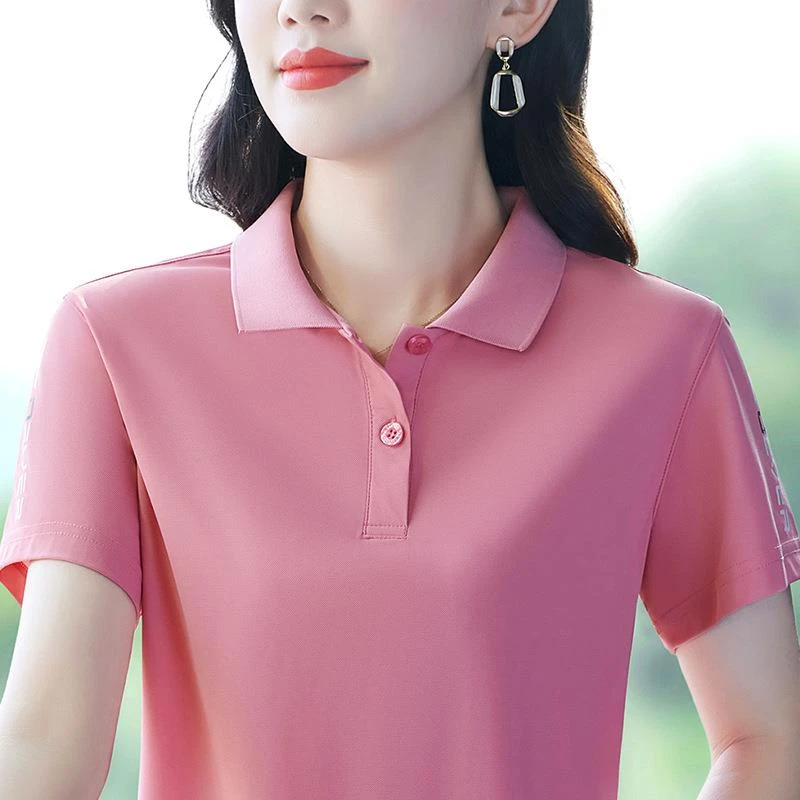 冰丝短袖T恤女2024夏季新款宽松透气翻领上衣气质显瘦百搭polo衫