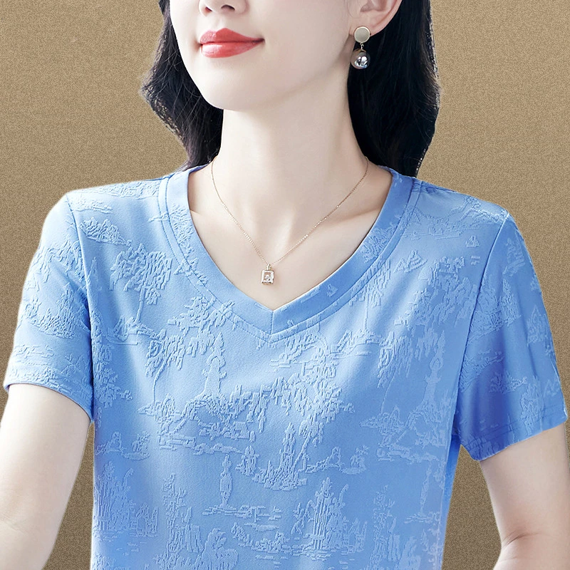 冰丝短袖t恤女士夏季大码中年妈妈洋气体恤显瘦速干圆领宽松上衣