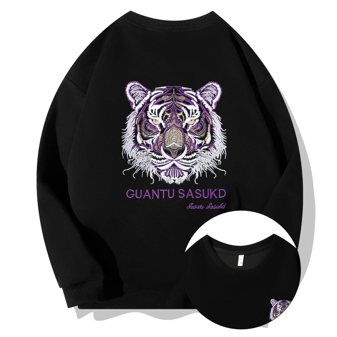 W11321重磅420克刺绣老虎头圆领卫衣男女同款情侣潮牌打底上衣