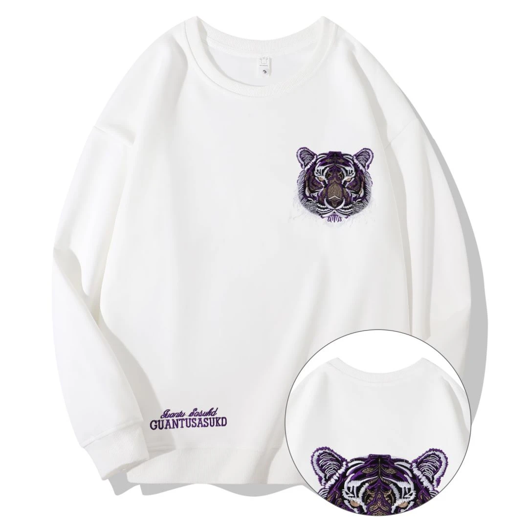 W111321欧货420克重工刺绣老虎头圆领卫衣男情侣潮牌打底衫上衣