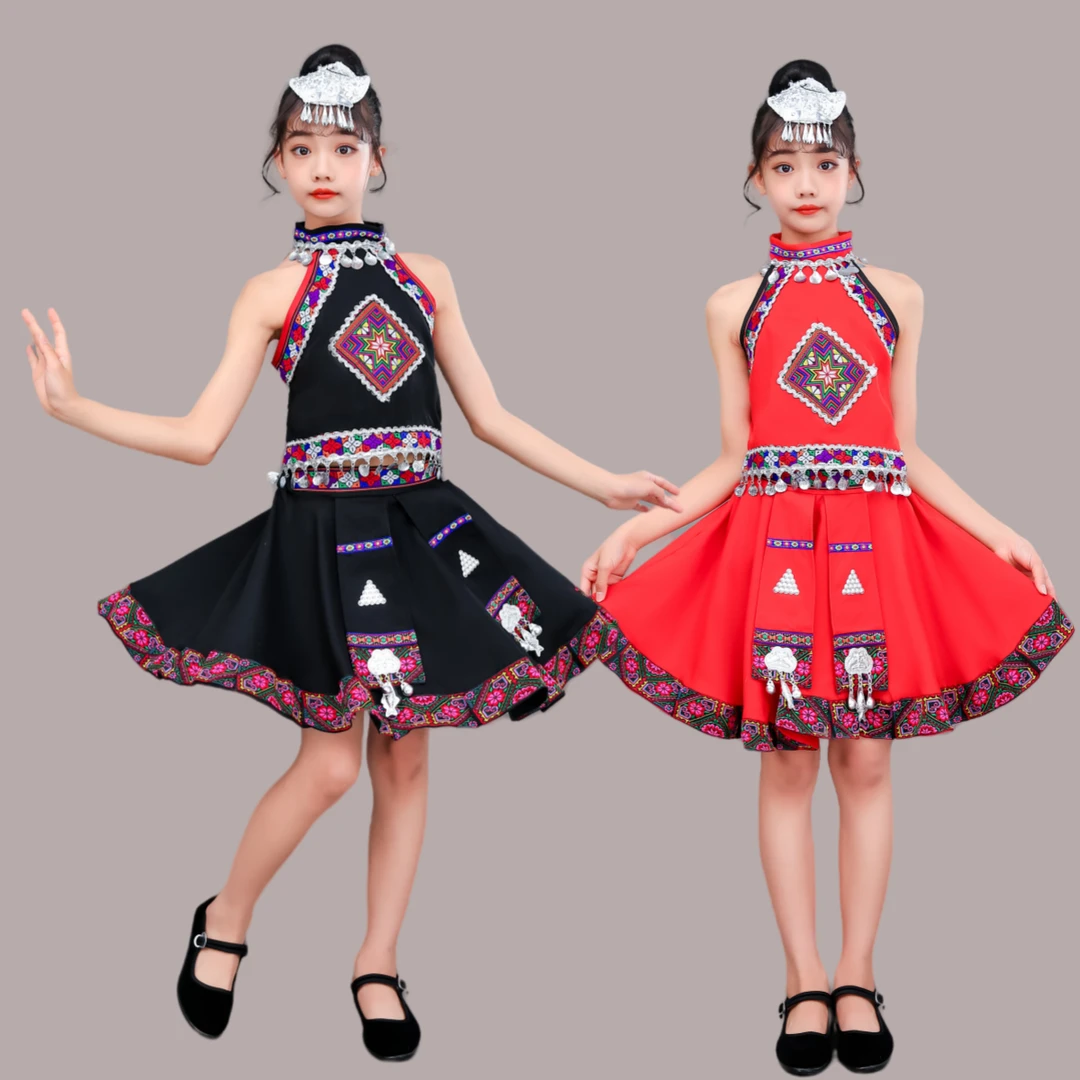 儿童壮族服装广西三月三女童少数民族舞蹈服瑶族苗族壮族演出服