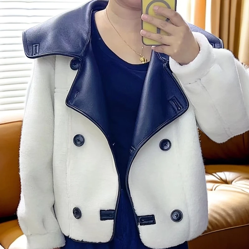 皮毛一体女士翻领休闲百搭两面穿海军领短外套