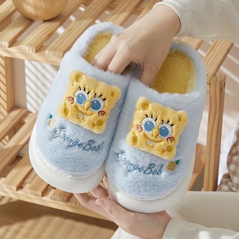 【乳胶系列】布芽小兜 海绵宝宝卡通情侣冬防滑保暖棉拖鞋 1双装