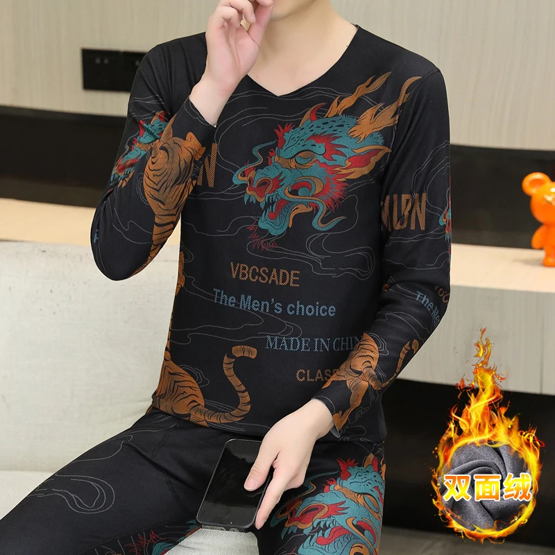 双面德绒保暖内衣男士两件套加绒加厚冬季防寒秋衣秋裤套装