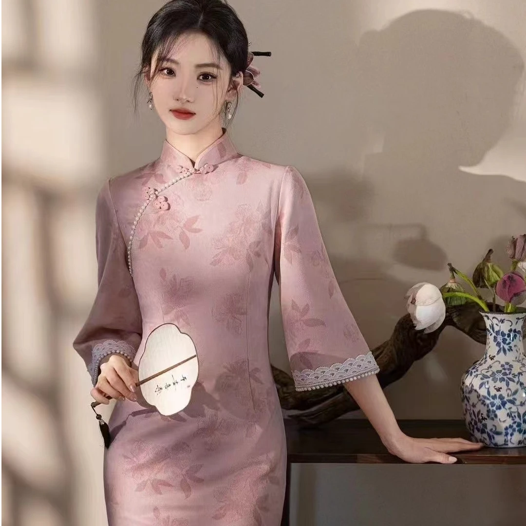 《粉花》2024秋季新中式旗袍七分袖中国风优雅减龄显瘦日常穿
