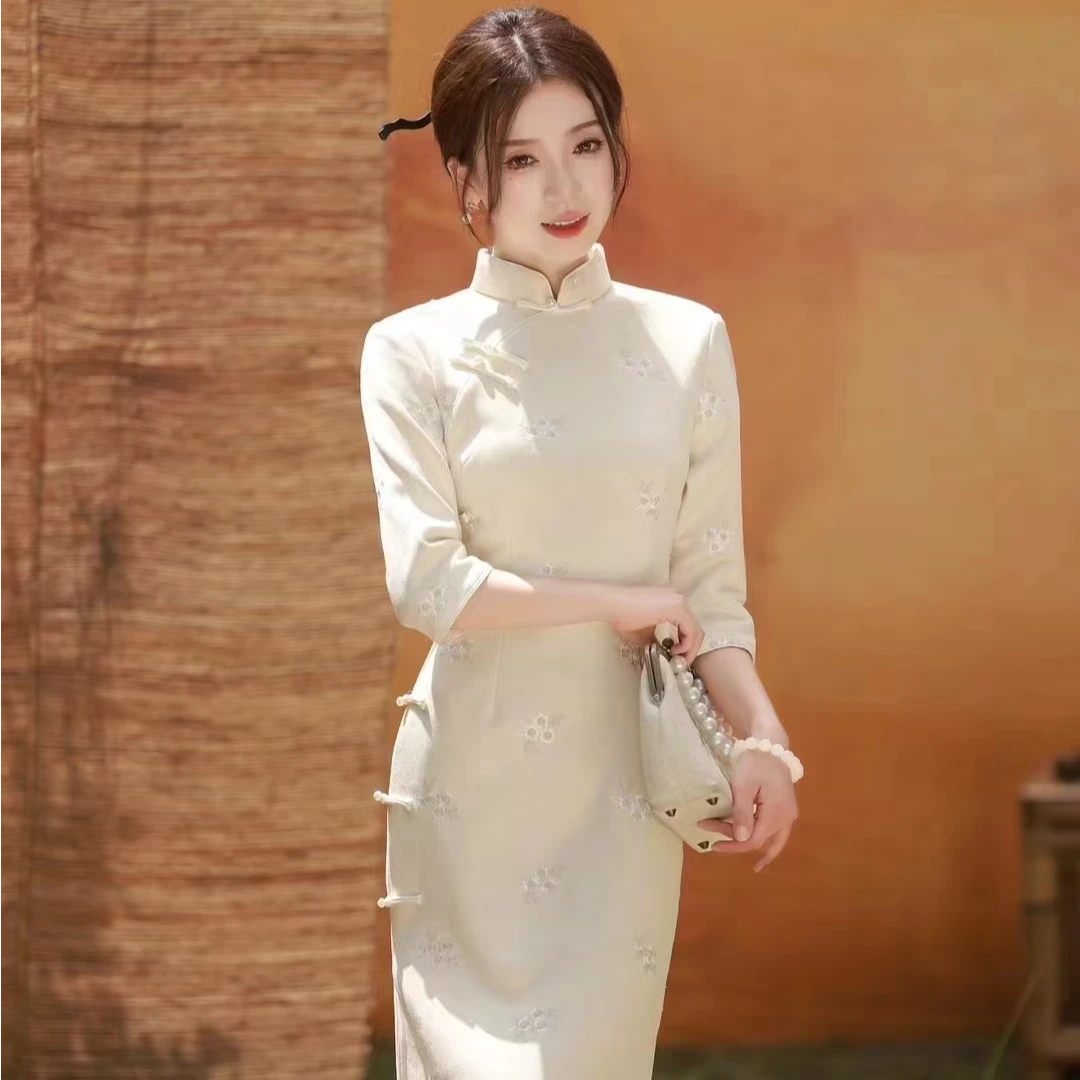 《竹影》新中式八排扣中长款2024新款小个子日常国风旗袍裙